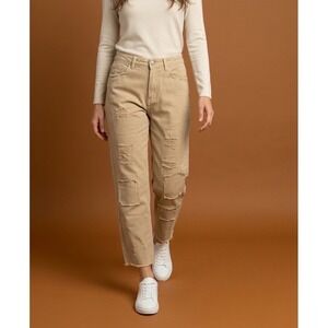 POL Clothing Tan Distressed Patchwork Wide Leg Cinch Back Denim Pants SMALL